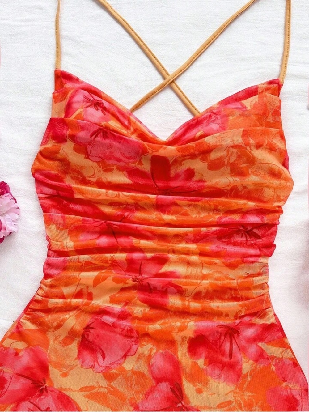 SHEIN Orange & Pink Floral Spaghetti-Strap Mini Dress - Picture 3 of 3